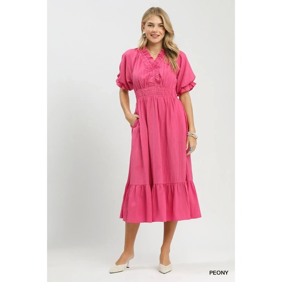 Umgee Dresses & Skirts - Umgee Ruffle V-Neck Midi Dress - Peony - Medium
